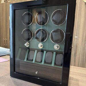Luxury Multi-Function 6 Piece Watch Winder with Storage Drawer in Glossy Black